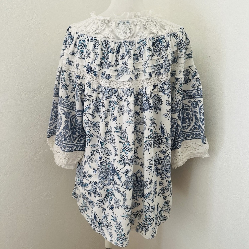 Sundance Top Womens M Blue Floral Lace Cottagecore Puff Sleeve Button Up - Picture 3 of 10